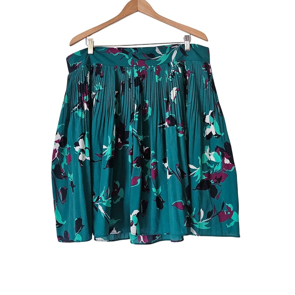Merona Teal Green Floral Pleated A-Line Skirt XXL Pockets Knee Length Feminine